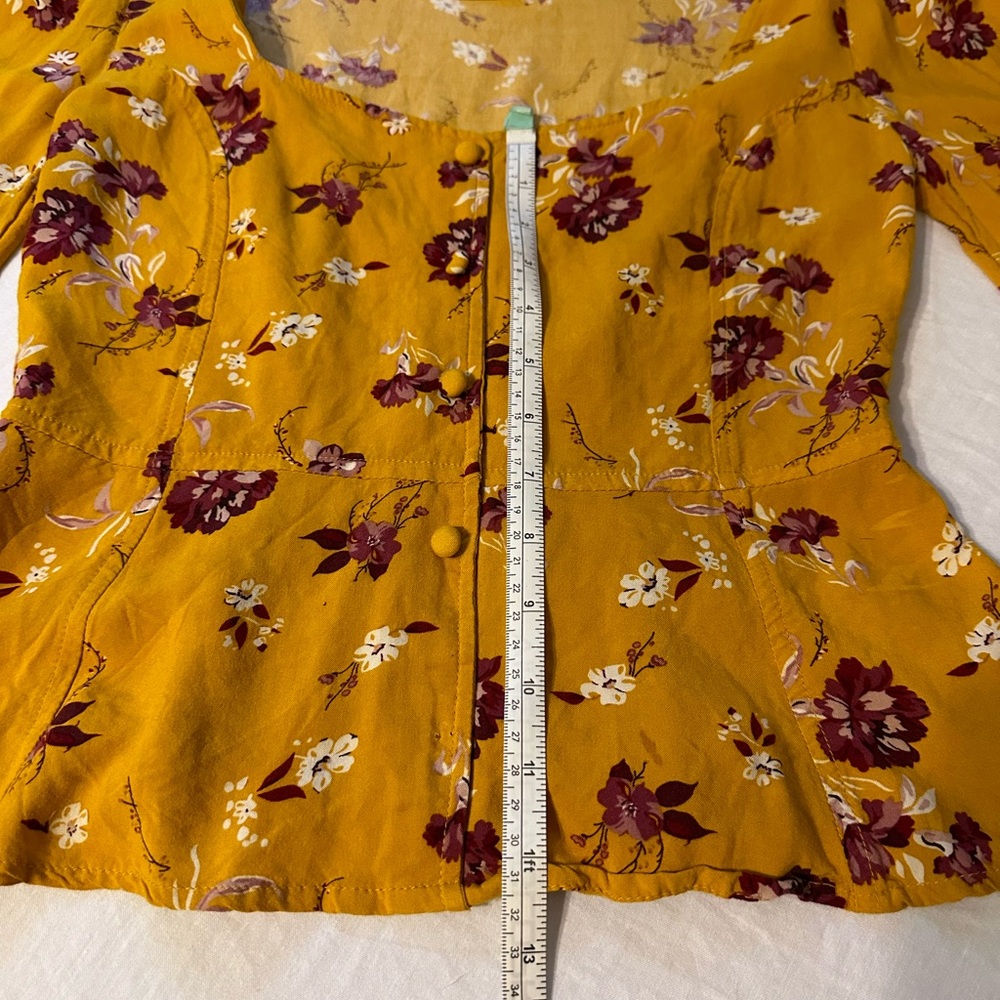 Purple and yellow floral low cut long sleeve blouse - Picture 9 of 10